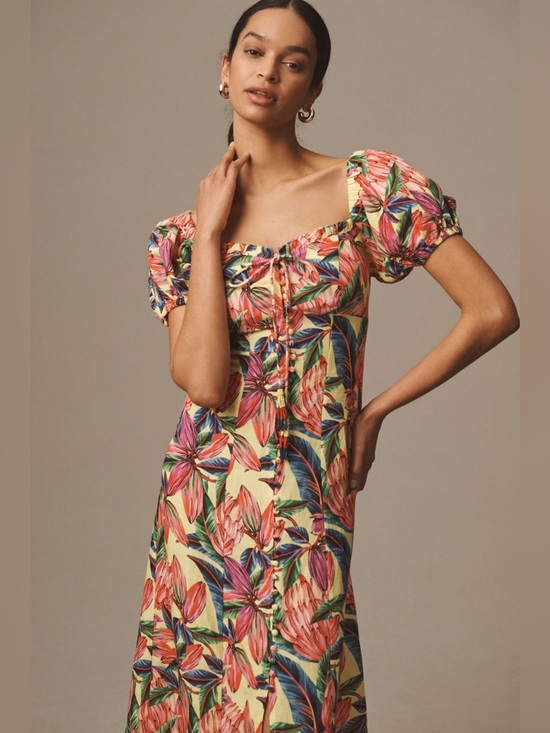 FARM Rio Dresses & Skirts - Farm Rio sweetheart linen Floral Puff-Sleeve Midi Dress - Yellow/Pink